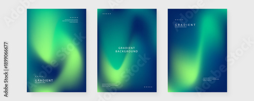 A professional set of three abstract mesh gradient poster templates featuring a sophisticated blend of lime green teal and navy blue colors