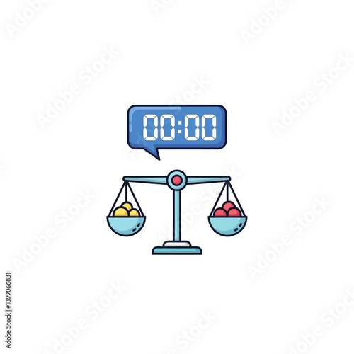 Balance scale with digital timer showing zero time.