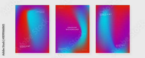 A vibrant collection of three abstract poster layouts featuring a high contrast mesh gradient blend of electric red magenta and cyan blue