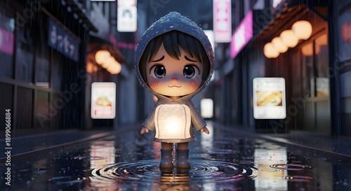 Kawaii 3D chibi character holding floating lantern in rainy Tokyo alley, reflections on puddles, cinematic lighting, camera eye-level close-up, ultra-detailed wet textures, glowing lantern.