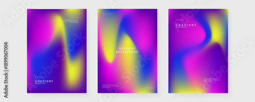 Collection of three abstract purple and yellow mesh gradient posters for futuristic digital design and creative layout