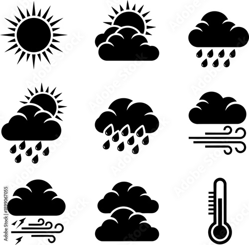 Collection of icons representing various weather conditions and forecasts illustration