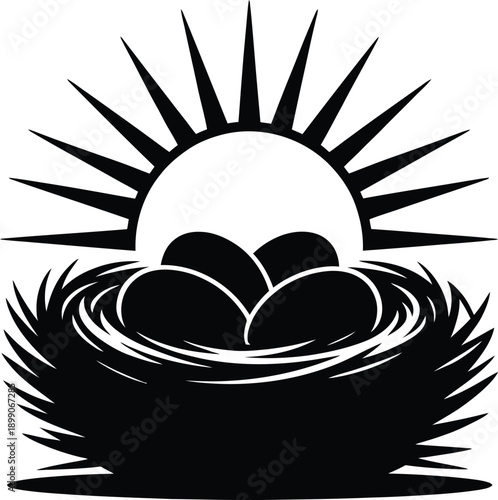 Black and white illustration of a birds nest with eggs at sunrise