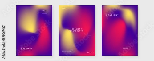 Koleksi tiga poster abstrak dengan mesh gradient warna ungu magenta dan kuning yang elegan untuk identitas merek dan media promosi