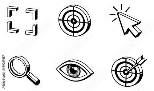 Isometric line art icons set featuring fullscreen corners, targets, a clicking cursor, a magnifying glass, and an eye for web design and business objectives