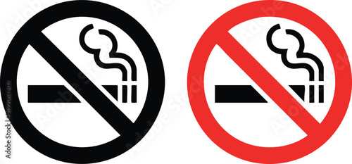 No Smoking Regulatory Icons in Black and Red, Monochrome and High-Contrast Tobacco Prohibition Symbols, vector, illustration, silhouette.