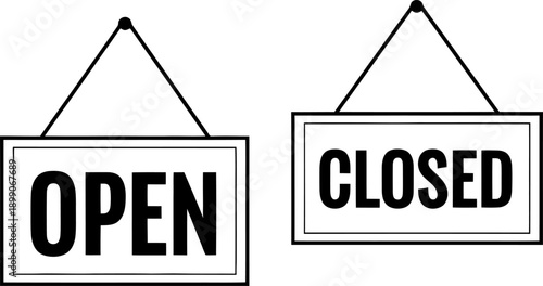 Illustration showing open and closed store signs hanging on display hooks illustration