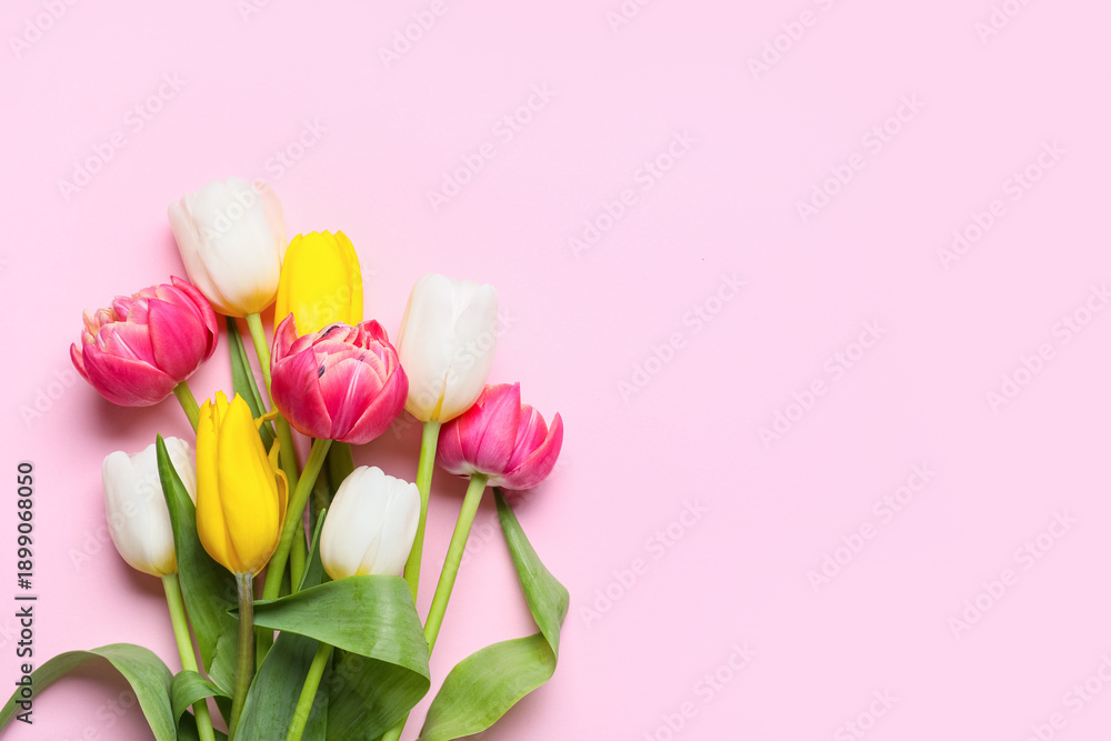 Obraz premium Bouquet of beautiful tulip flowers on pink background