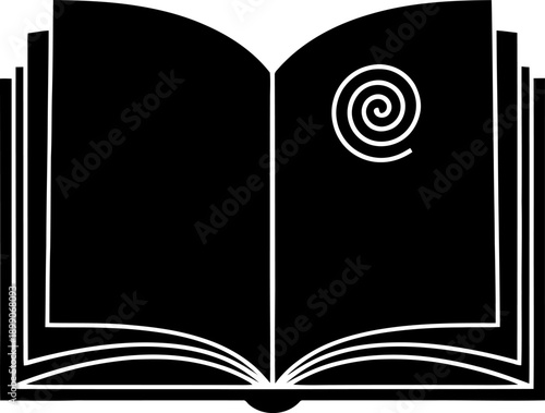 An open book with a mystical swirling symbol on its right page illustration