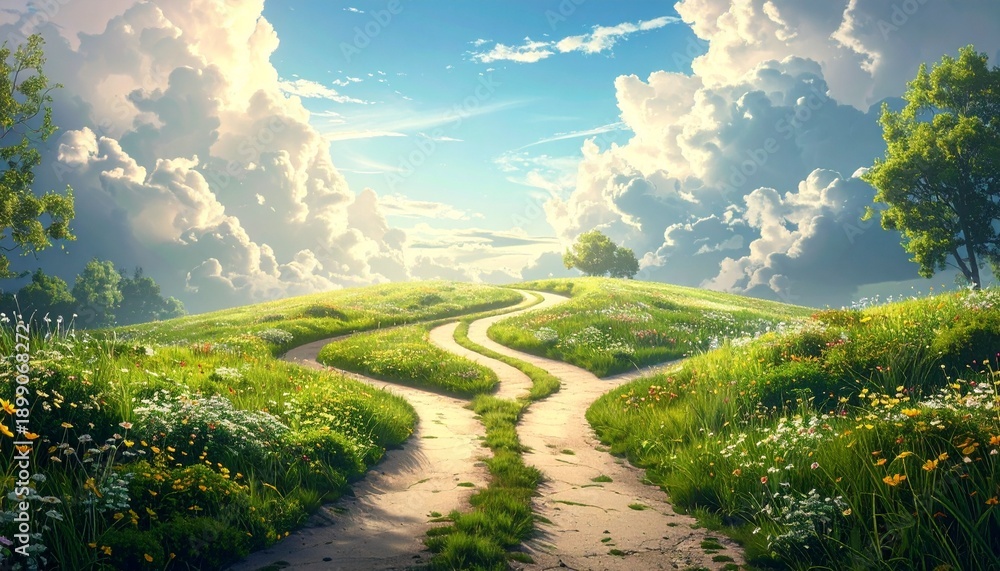 Obraz premium Serene Landscape with Winding Path and Clouds.