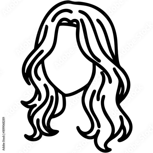 Line art illustration of a long, voluminous hairstyle with a distinct center part. Ideal for concepts of high-end salon styling, luxury hair care products, personal grooming tutorials, beauty-related