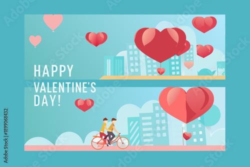 Happy valentine s day illustration with hearts cityscape and couple