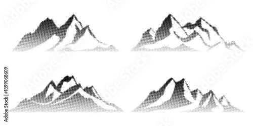 Silhouette mountain range isolated on white background, halftone dots, fading dot effect, set vector drawings