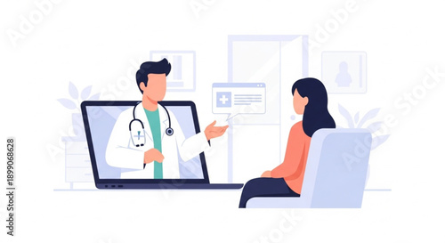Digital Health Communication Vector Illustration Showing Online Doctor Advising Patient Remotely