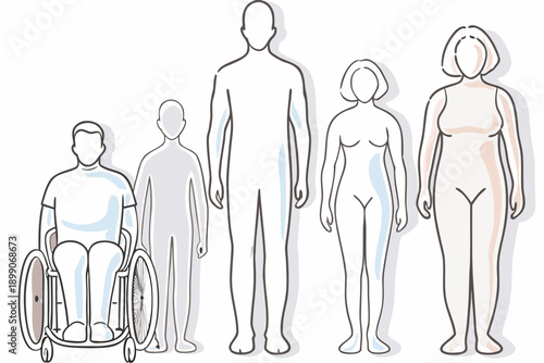 Illustrative figures of diverse body types and abilities standing together