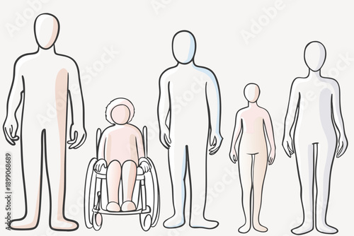 Illustrative figures showing varying heights and a person in a wheelchair