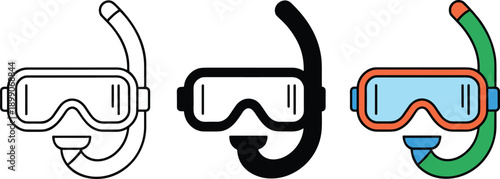 Snorkel mask icon set black, outline, and colored styles vector illustration for diving, swimming, underwater sport, and summer vacation concept