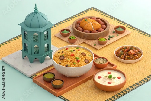 Traditional Eid Feast Food Table 3D Illustration.
