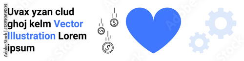 Financial systems, charity, business development, team dynamics, economic assistance, automation. A blue heart, falling coins and gears. Financial systems and charity concept