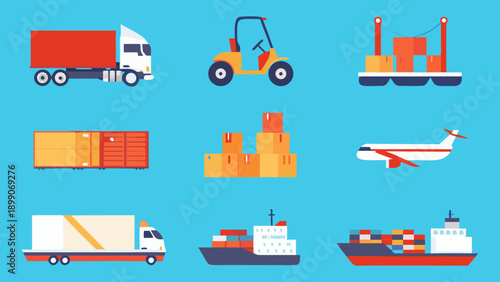 Various modes of transportation and cargo containers in a flat design