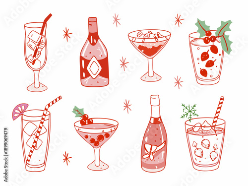Festive collection of hand drawn cocktails and celebratory drink illustrations