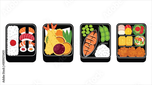 Japanese Bento Box Meal Black White Illustration Set.