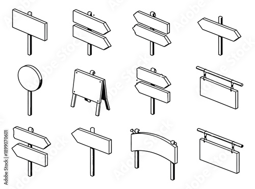 Isometric hand drawn line art signpost and signboard set featuring various blank signs and pointers for leaving messages or giving directions