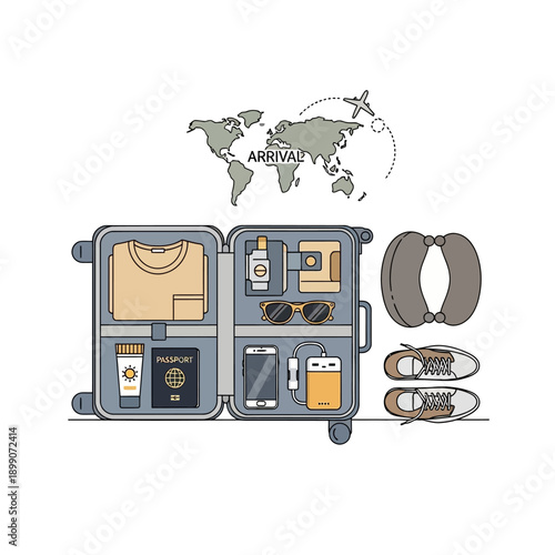 Open suitcase packed with travel essentials and accessories.
