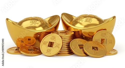 3D Render of Golden Sycees and Ancient Coins.