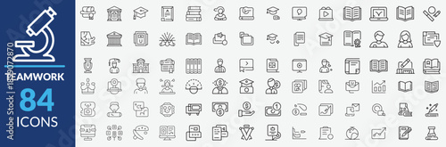 Teamwork and education line icons pack featuring academic learning symbols school equipment professional collaboration elements and university study tools for web design use