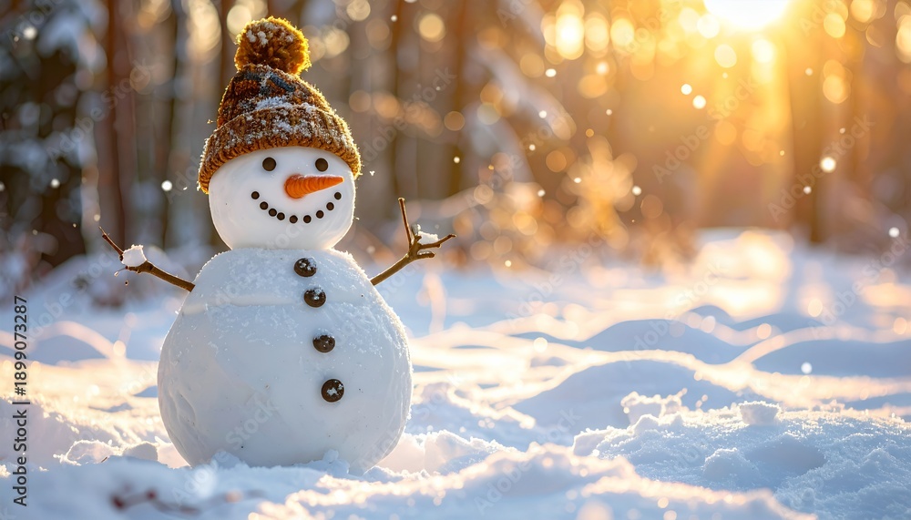Fototapeta premium Smiling Snowman in Winter Wonderland with Golden Sunlight and Falling Snow.
