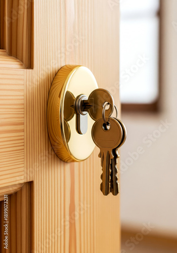 Close-up of metal lock with keys in wooden door of new house for home security and real estate business