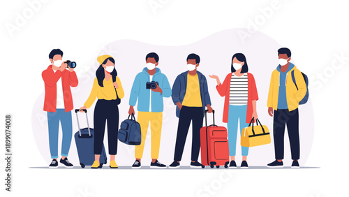 Diverse group of tourists wearing protective face masks and carrying suitcases while waiting at the airport during a global pandemic.