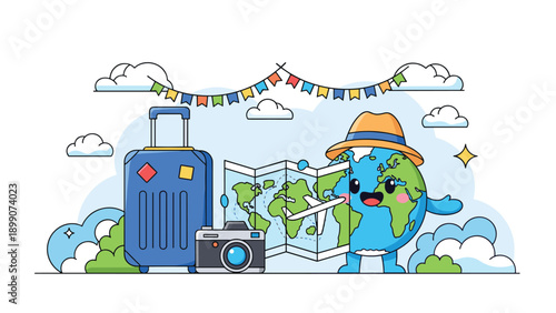 Adorable cartoon earth character dressed as a traveler holding a map with a camera and suitcase ready for a world tour adventure.