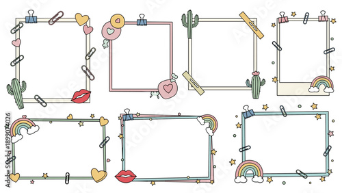 Set of cute decorative photo frames decorated with cactus rainbow hearts and paper clips for scrapbooking and digital journaling projects.