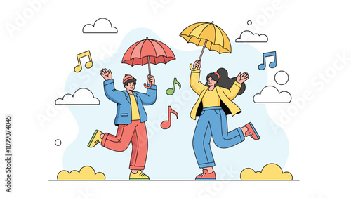 Joyful couple dancing together in the rain with colorful umbrellas surrounded by music notes representing happiness and romantic moments.