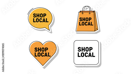 Collection of yellow shop local stickers and labels in various shapes like heart and speech bubble to support small businesses and community.