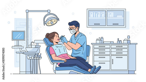 Professional dentist examining a female patient in a modern dental office equipped with medical tools and sterilized treatment equipment.