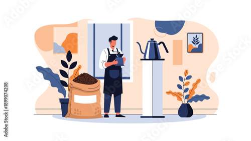 Professional barista in an apron preparing coffee with a kettle and a large bag of beans in a cozy modern cafe or specialty coffee shop.