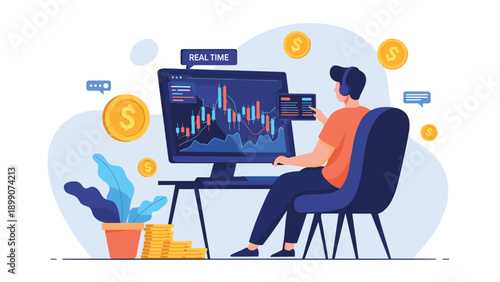 Experienced trader monitoring financial markets and stock charts on multiple digital screens with floating gold coins in a modern office.