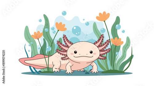 Cute pink axolotl swimming underwater surrounded by green aquatic plants bubbles and flowers in a charming hand drawn cartoon style.