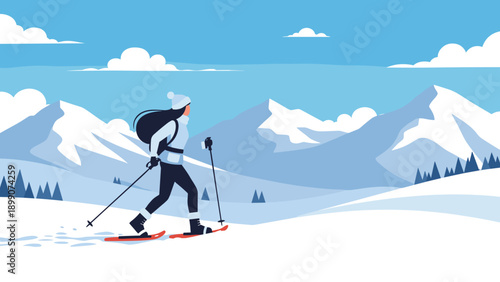 Active woman snowshoeing through a beautiful snowy mountain landscape under a clear blue sky for winter sports and outdoor adventure.