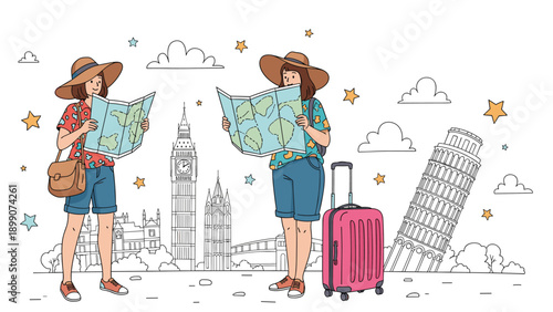 Two female travelers in summer outfits looking at maps with famous global landmarks like Big Ben and Leaning Tower of Pisa in background.