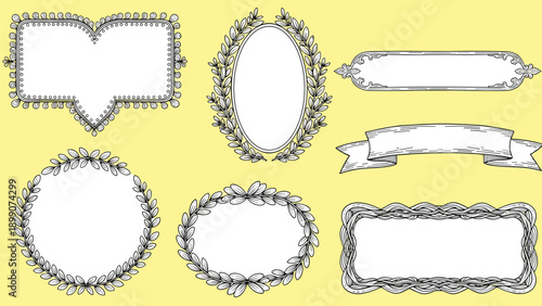 Collection of vintage hand drawn frames and ribbon banners on a yellow background for classic graphic design and ornamental typography.
