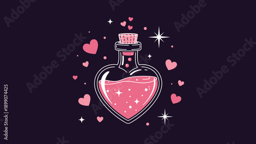 Heart shaped glass bottle containing a glowing pink love potion surrounded by floating stars and hearts on a dark purple background.