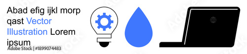 Innovation, technology, sustainability, water management, remote work, device integration. A gear inside a lightbulb, a water droplet and a laptop. Innovation and technology illustrated with icons
