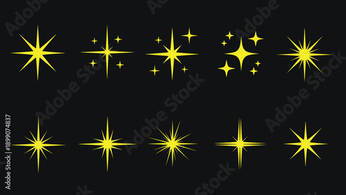 Collection of bright yellow sparkling star icons and light flares in various shapes and sizes isolated against a dark solid background for design use.
