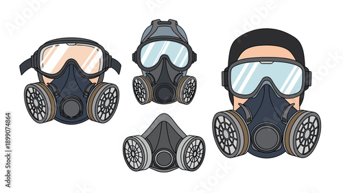 Various styles of industrial gas masks and protective respirators with different filter systems shown in a clean flat illustration style for safety.
