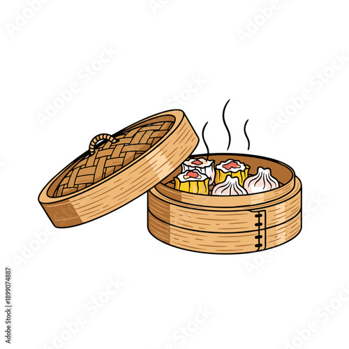 traditional chinese dim sum in bamboo steamer basket  vector illustration