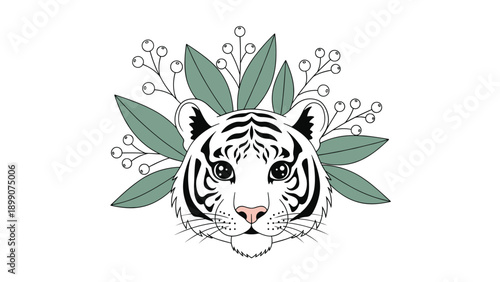 Detailed illustration of a white tiger head surrounded by green leaves and white berries in a symmetrical and artistic nature themed composition.